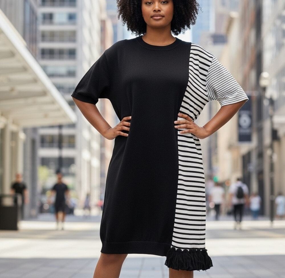 Clu Blue Stripe Shift Dress SIZE 2X Work Short Sleeve Asymmetric Designer $400